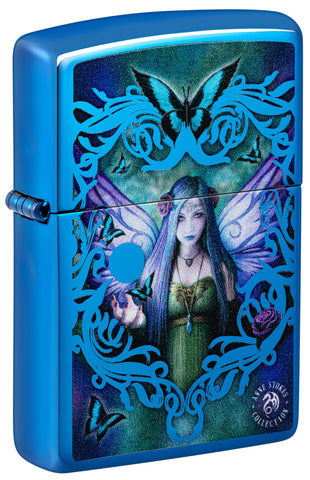 Front view of Zippo Anne Stokes Collection High Polish Blue Windproof Lighter standing at a 3/4 angle.