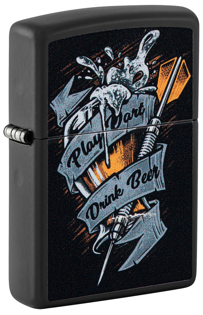 Front shot of Zippo Darts Design Black Matte Windproof Lighter standing at a 3/4 angle.