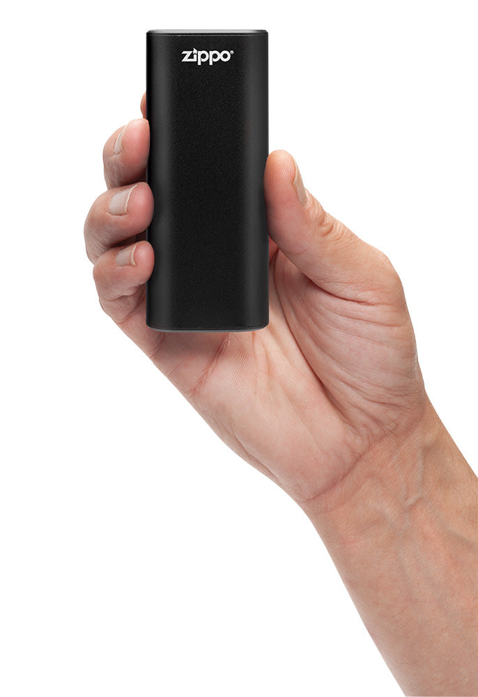 Silver HeatBankÂ® 6 Rechargeable Hand Warmer standing at a slight angle