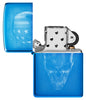 Zippo American Skull Design High Polish Blue Windproof Lighter with its lid open and unlit.