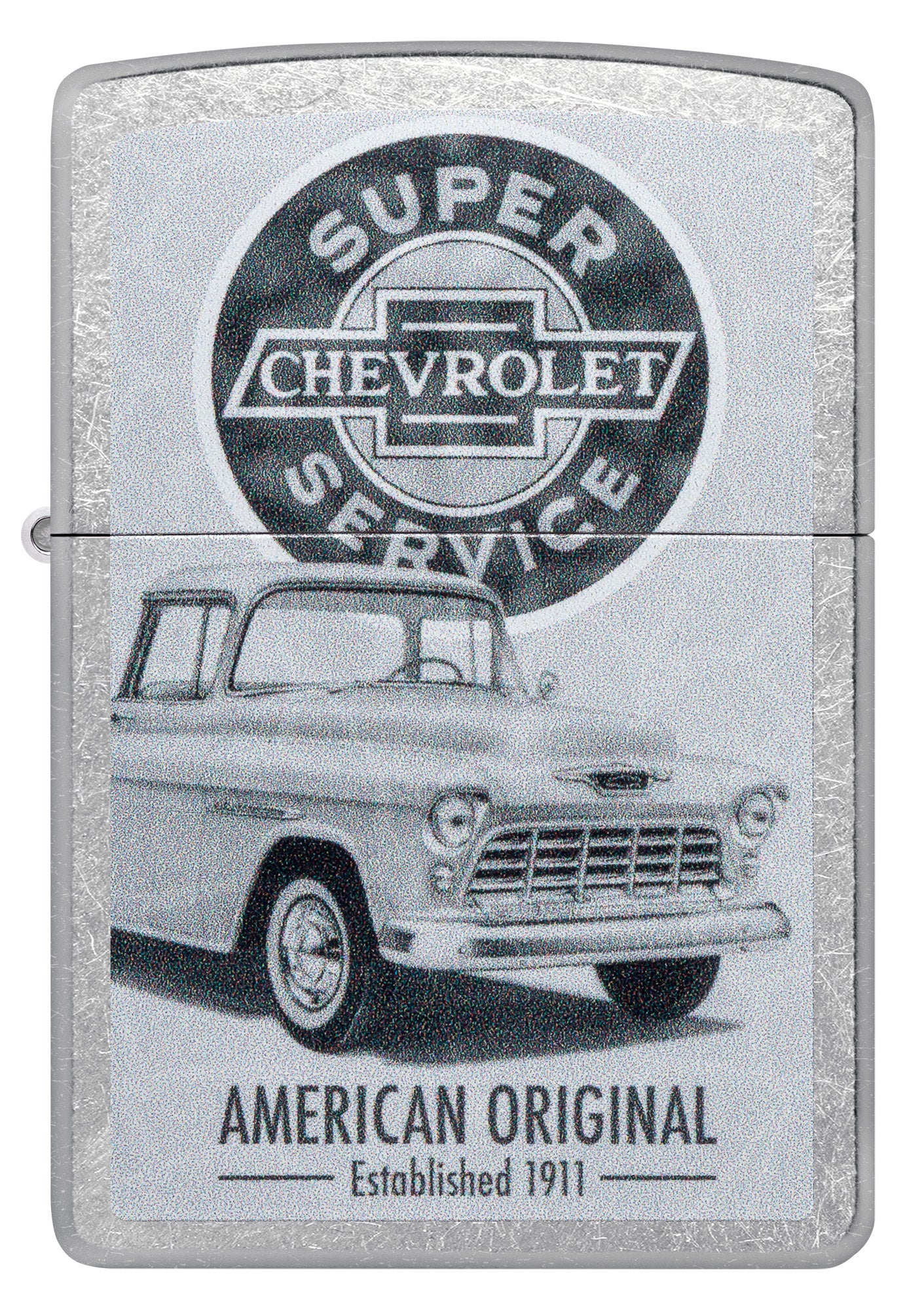 Front shot of Zippo Chevrolet Street Chrome Pocket Lighter.