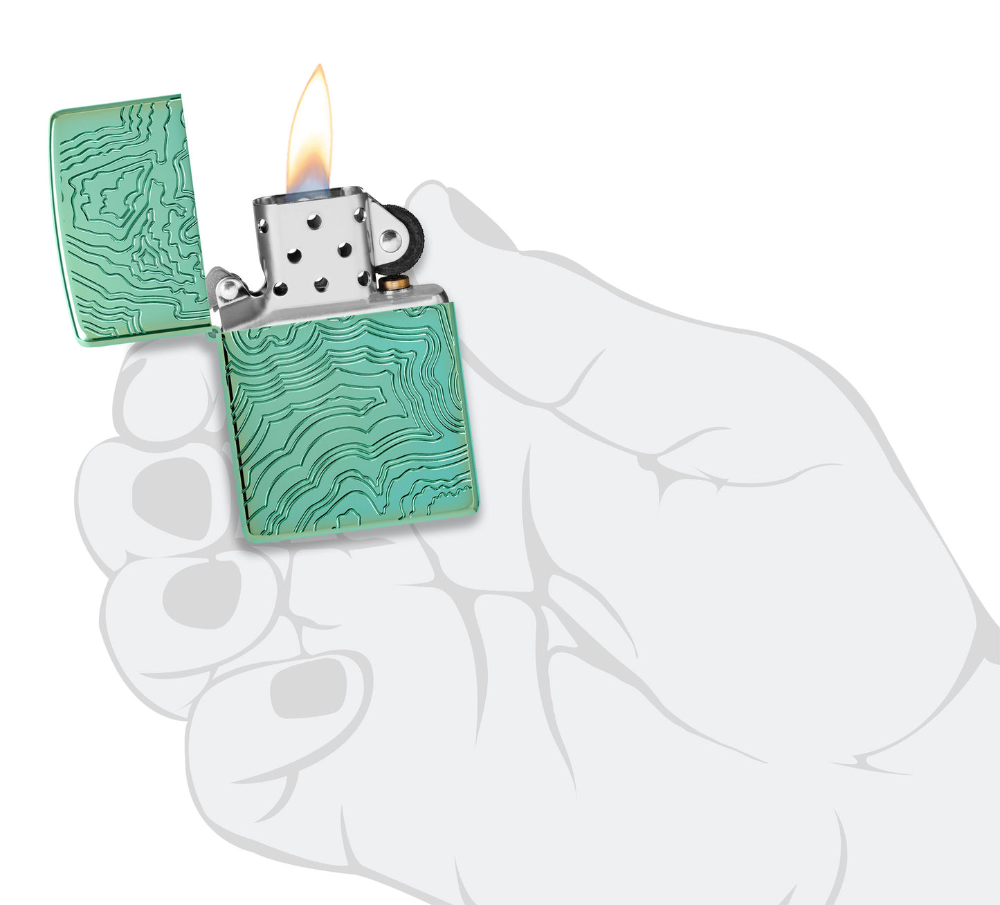 Zippo Map Armor High Polish Green Windproof Lighter lit in hand.