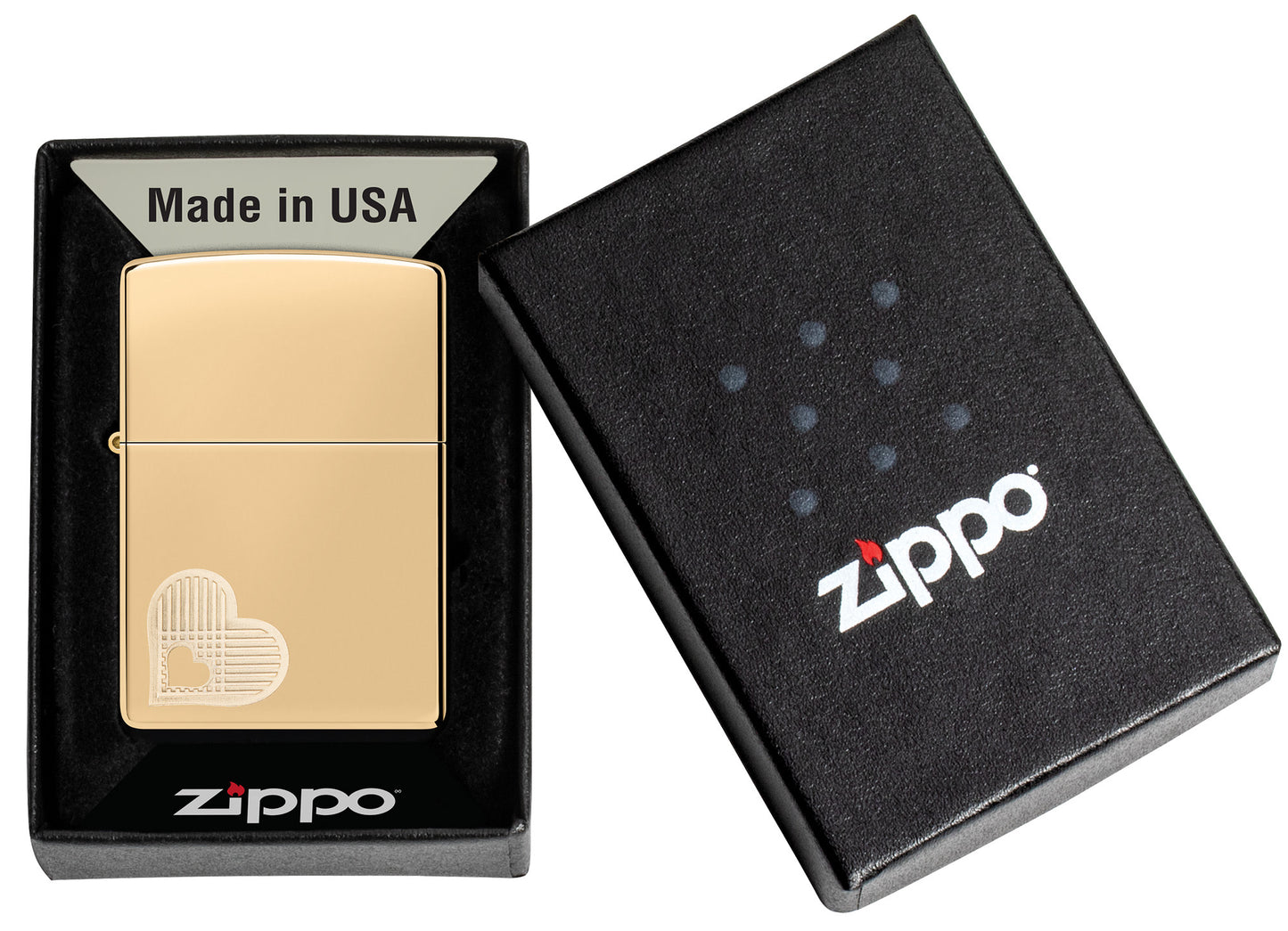 Zippo Double Hearts Design High Polish Brass Windproof Lighter in its packaging.
