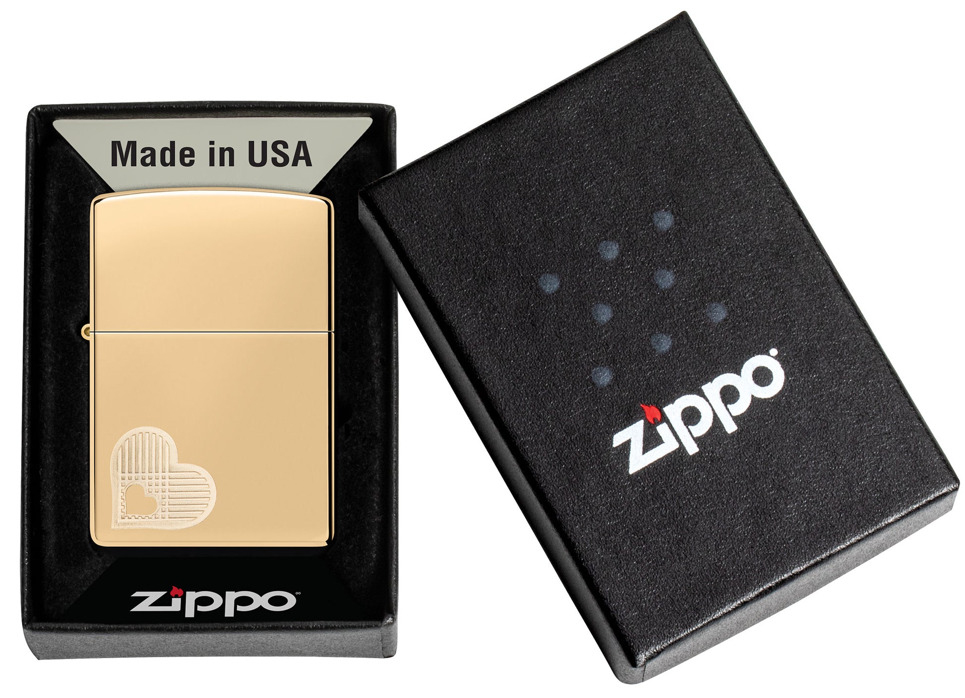 Zippo Double Hearts Design High Polish Brass Windproof Lighter in its packaging.