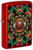 Front shot of Zippo Counter Culture Eye Design Metallic Red Windproof Lighter standing at a 3/4 angle.