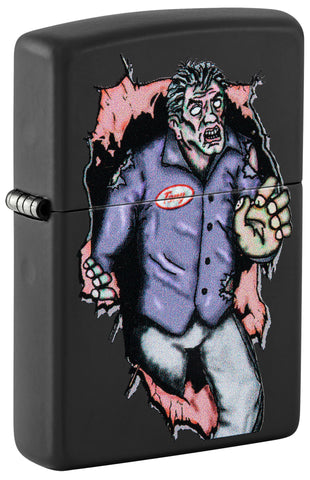 Front shot of Zippo Zombie Escape Black Matte Windproof Lighter standing at a 3/4 angle.