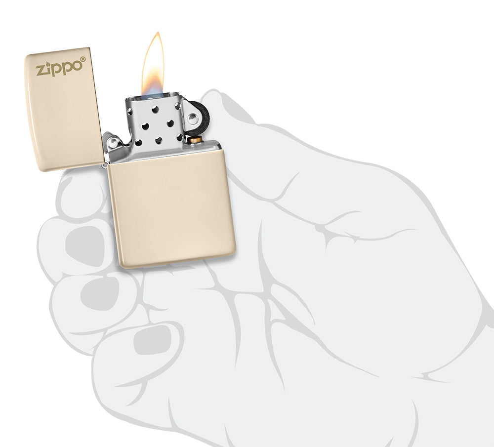 Front view of the Classic Flat Sand Zippo Logo pocket lighter open, lit and in hand