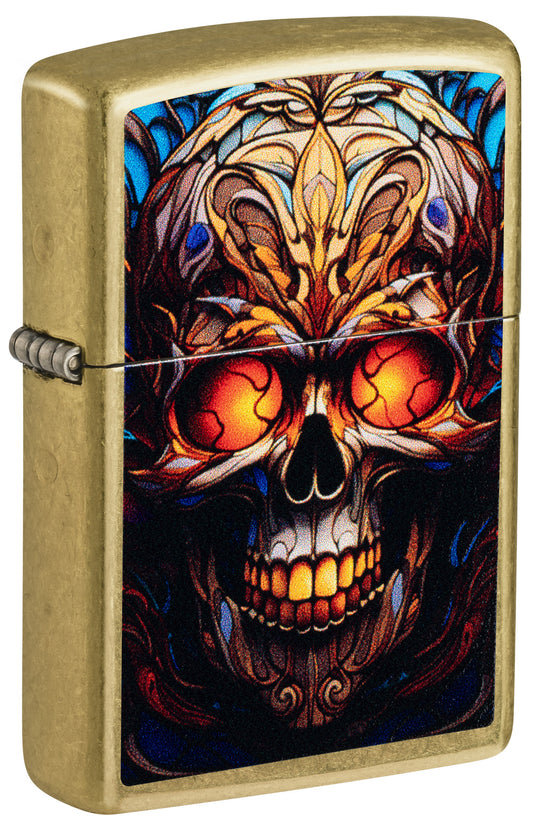 Front shot of Zippo Stained Glass Skull Design Street Brass Windproof Lighter standing at a 3/4 angle.