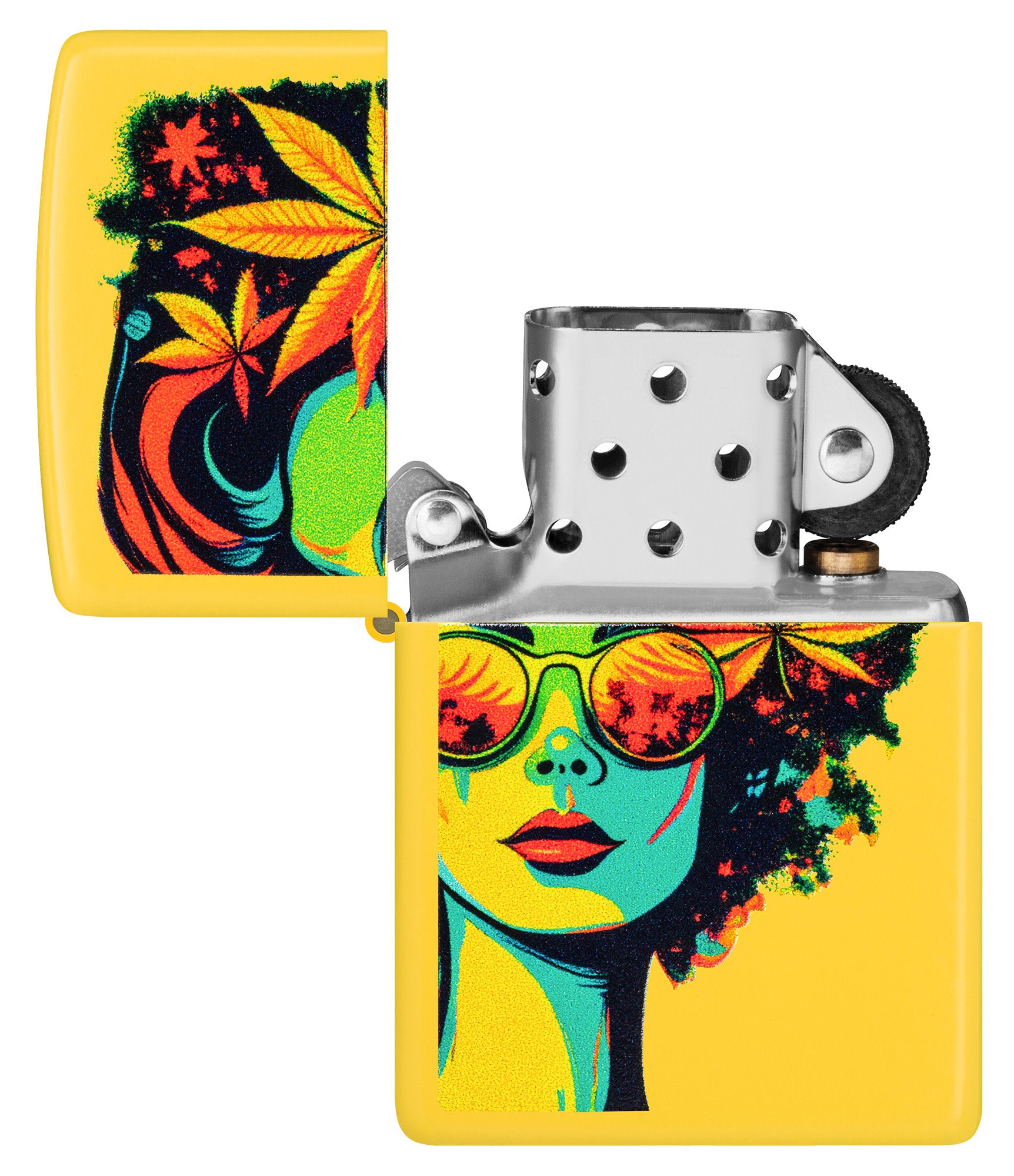 Zippo Blazing Beauty Design Sunflower Windproof Lighter with its lid open and unlit.