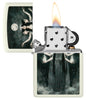 Zippo Victoria Frances Glow in the Dark Green Matte Windproof Lighter with its lid open and lit.
