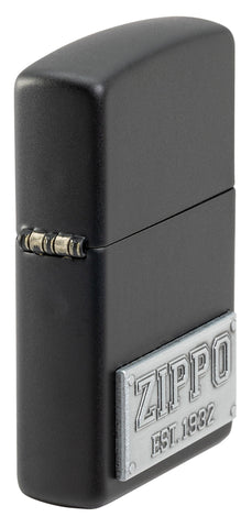 Angled view of Zippo Wolf Emblem Design Brushed Chrome Windproof Lighter, showing the emblem design.