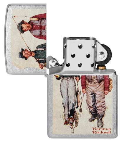 Zippo Norman Rockwell Fishing Street Chrome Windproof Lighter with its lid open and unlit.
