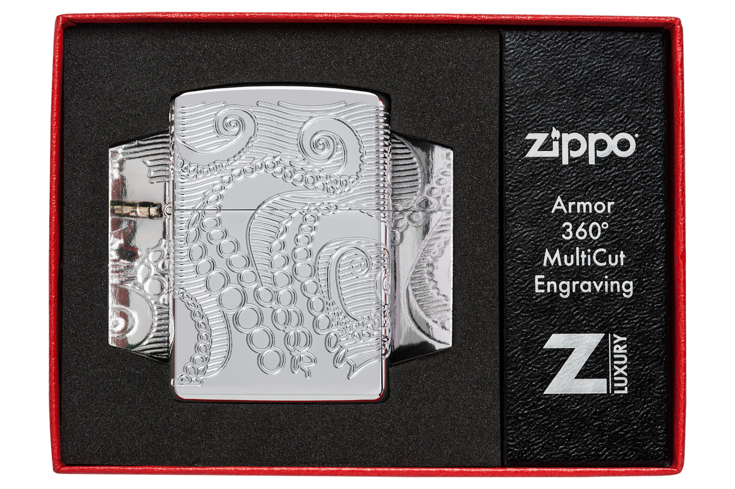 Zippo Tentacles Design ArmorÂ® High Polish Chrome Windproof Lighter in its packaging.