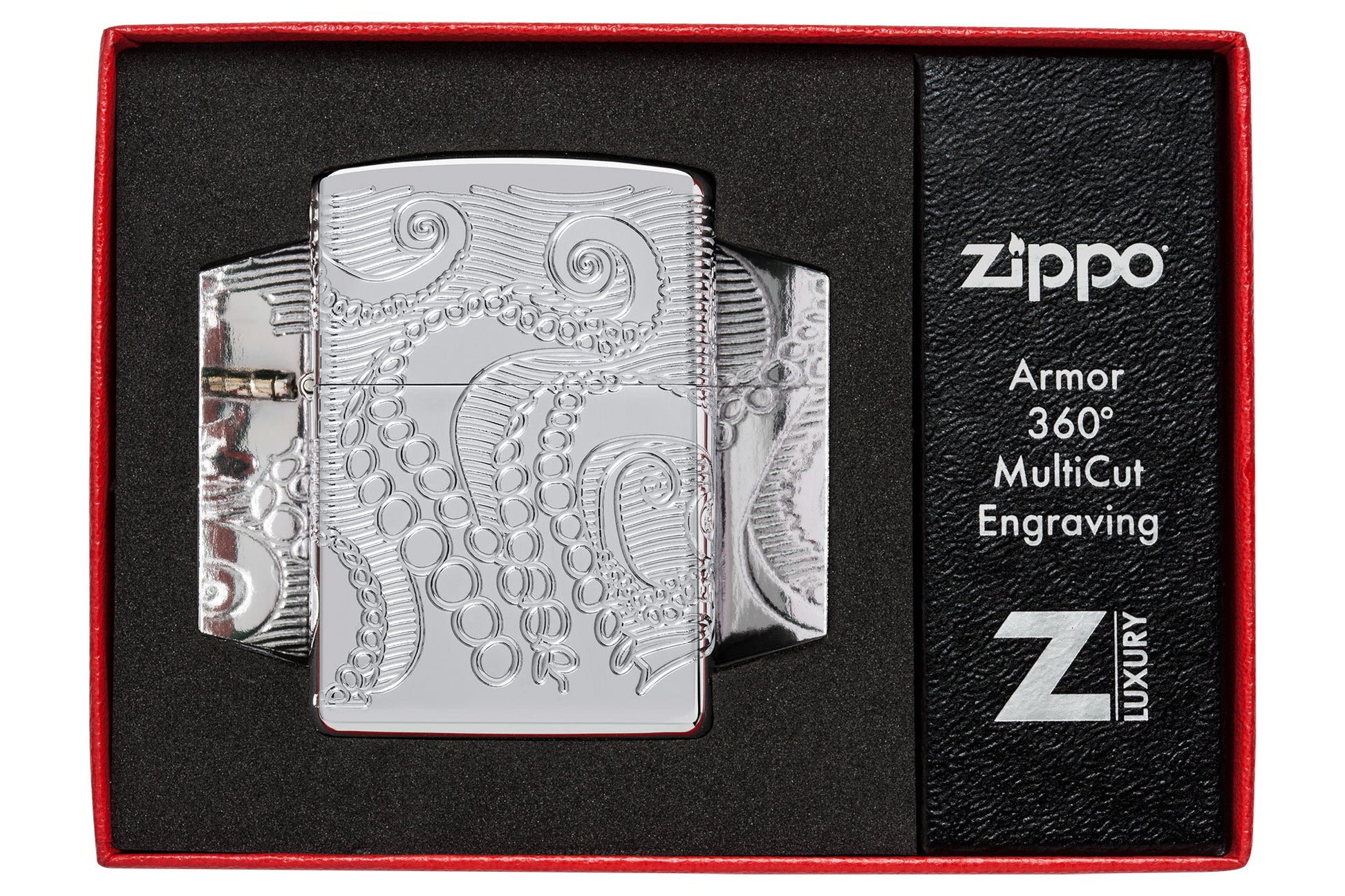 Zippo Tentacles Design ArmorÂ® High Polish Chrome Windproof Lighter in its packaging.
