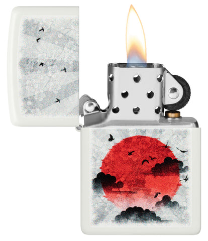 Zippo Red Moon Design White Matte Windproof Lighter with its lid open and lit.