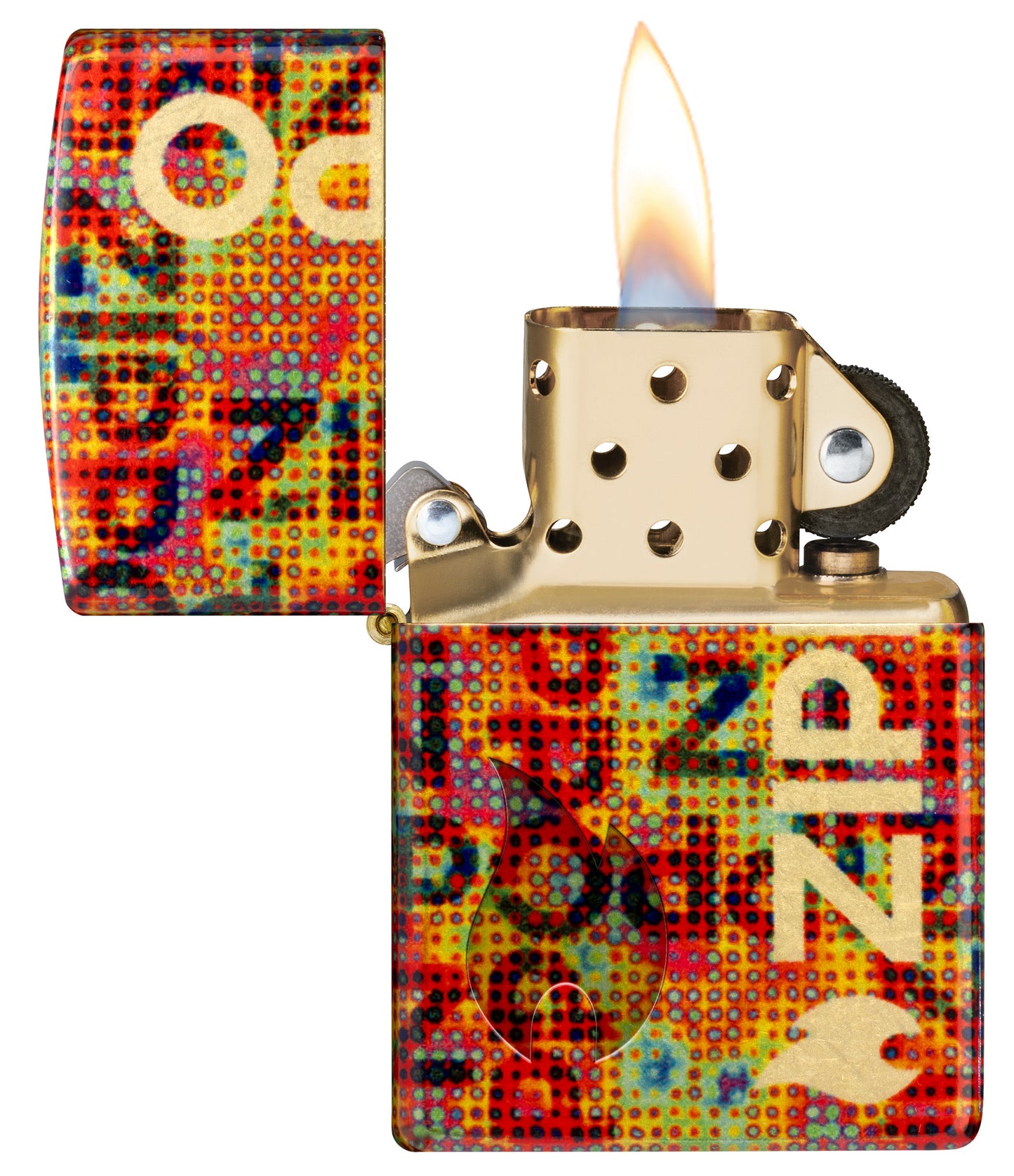 Zippo Pixel Fusion Design 540 Tumbled Brass Windproof Lighter with its lid open and lit.