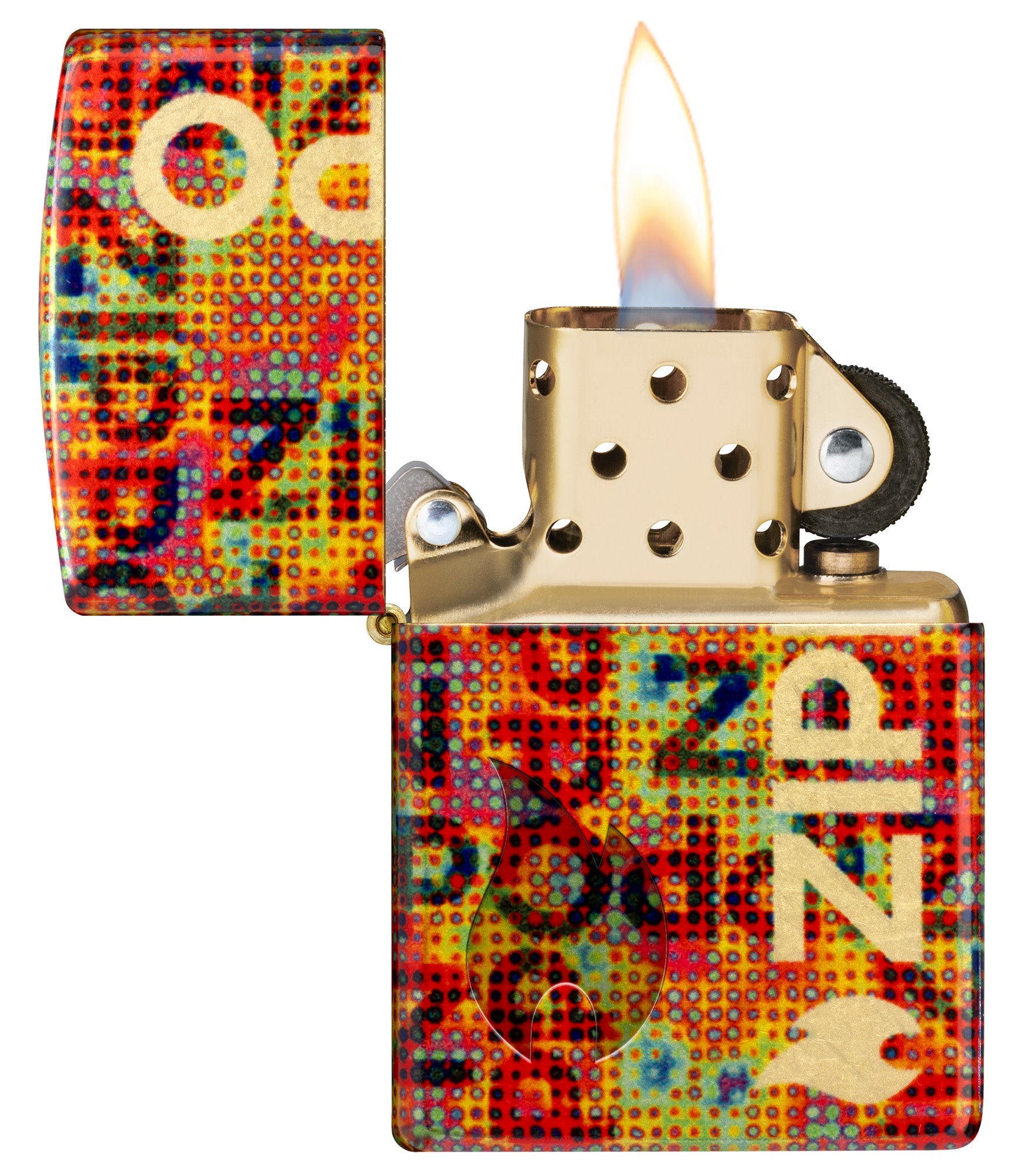 Zippo Pixel Fusion Design 540 Tumbled Brass Windproof Lighter with its lid open and lit.