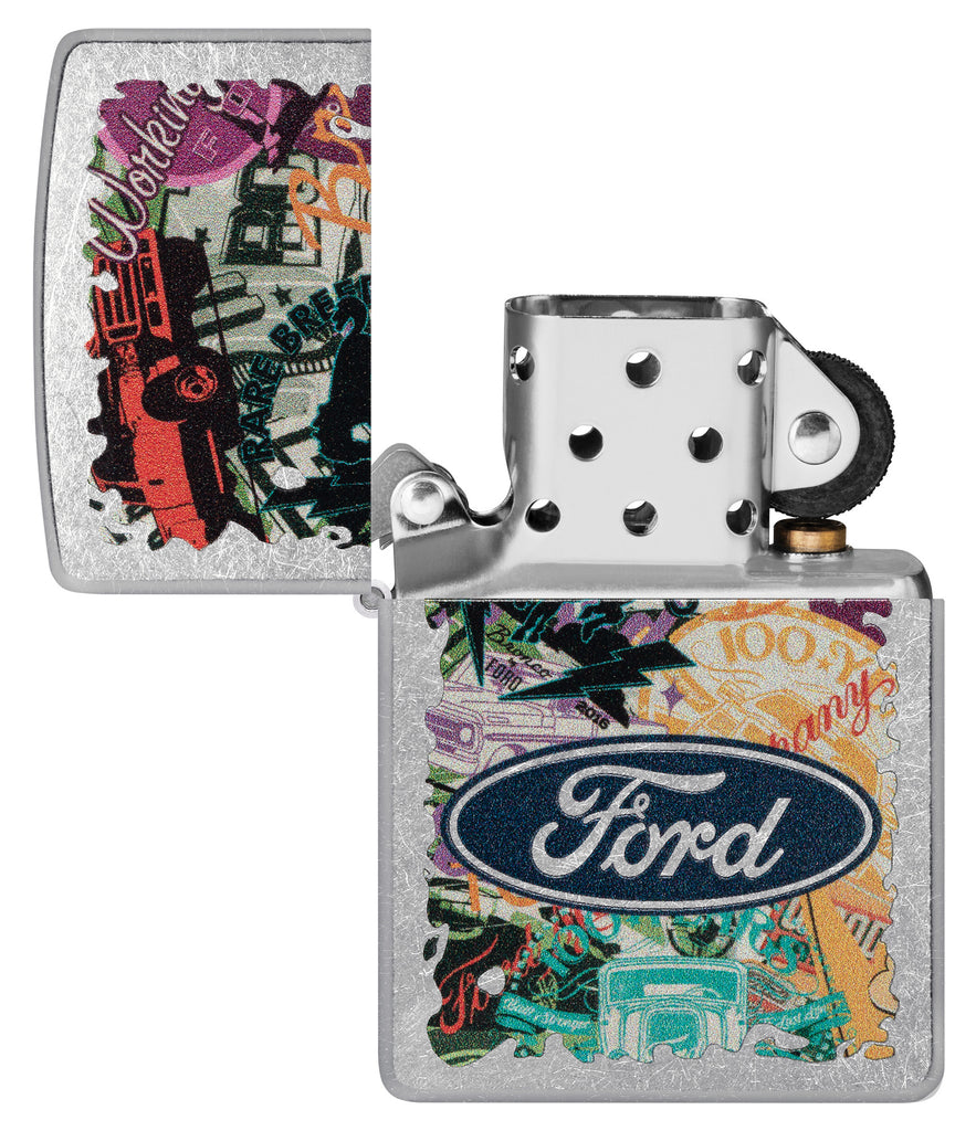 Zippo Ford Collage Street Chrome Pocket Lighter with its lid open and unlit.