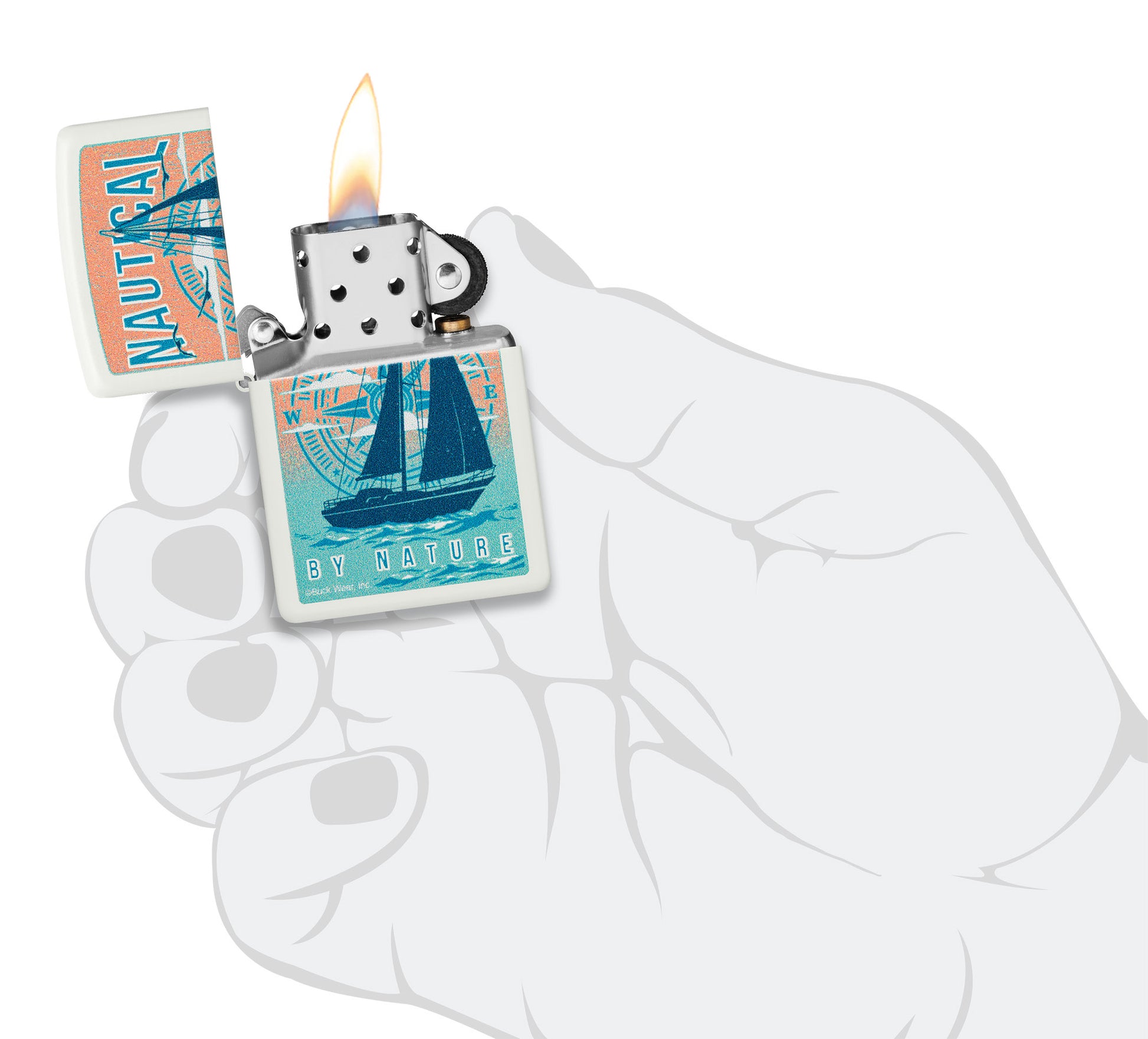 Zippo Buck Wear Nautical Design White Matte Windproof Lighter lit in hand.