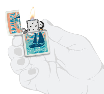 Zippo Buck Wear Nautical Design White Matte Windproof Lighter lit in hand.