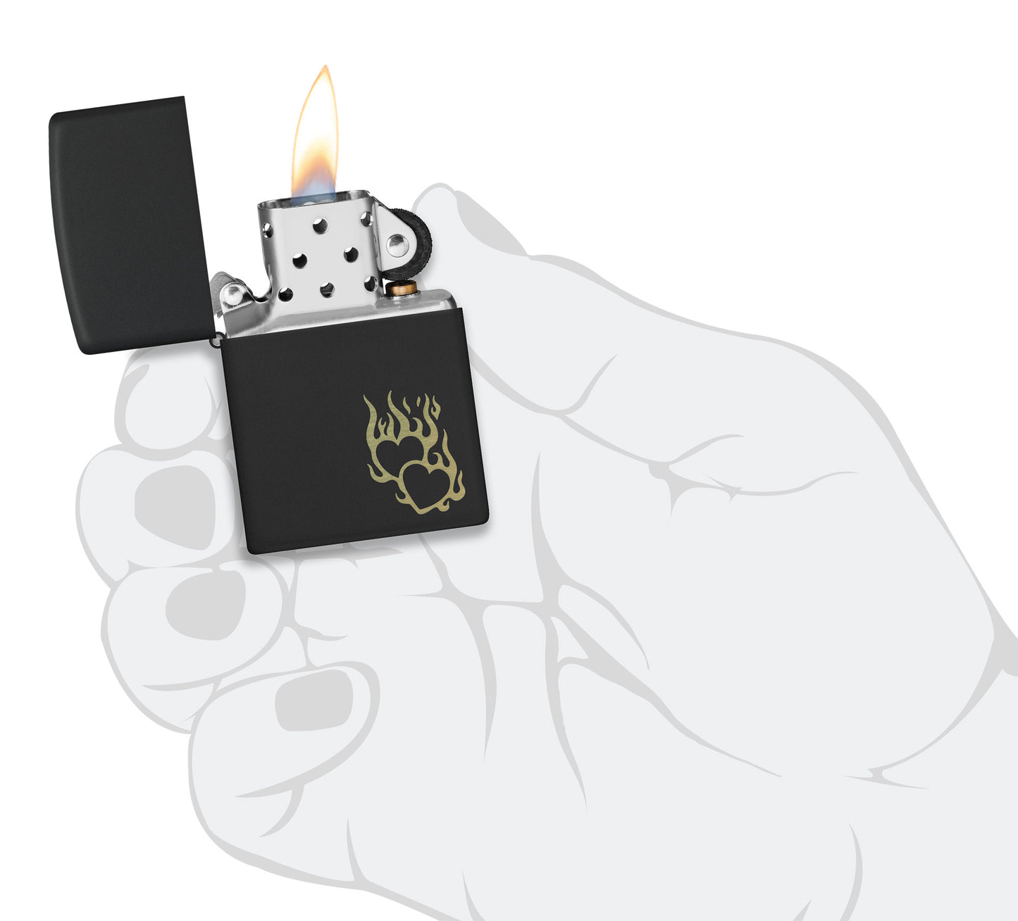 Zippo Fire Heart Design Black Matte Windproof Lighter lit in hand.