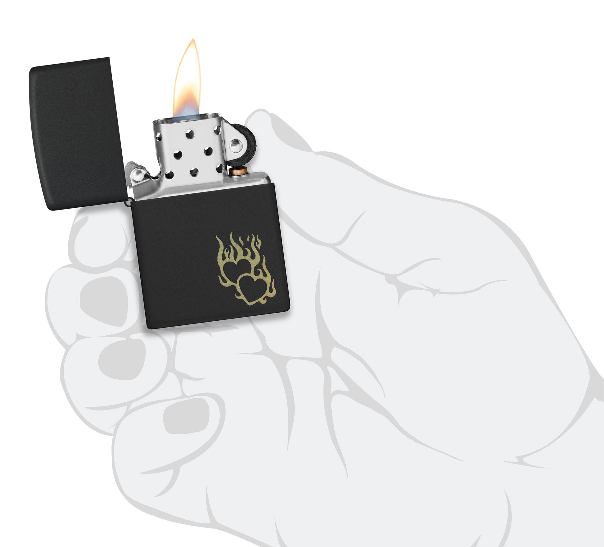 Zippo Fire Heart Design Black Matte Windproof Lighter lit in hand.