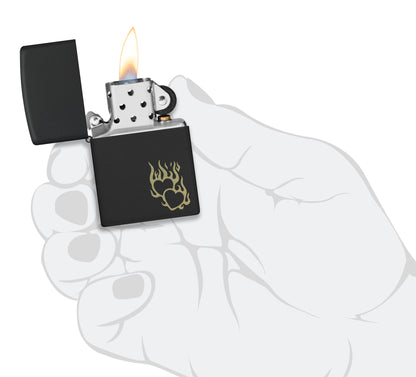 Zippo Fire Heart Design Black Matte Windproof Lighter lit in hand.