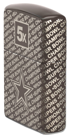 Angled shot of Zippo NFL Dallas Cowboys Super Bowl Commemorative Armor Black Ice Windproof Lighter showing the front and right side of the lighter.