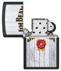 Zippo Jim Beam Black Matte Windproof Lighter with its lid open and unlit.