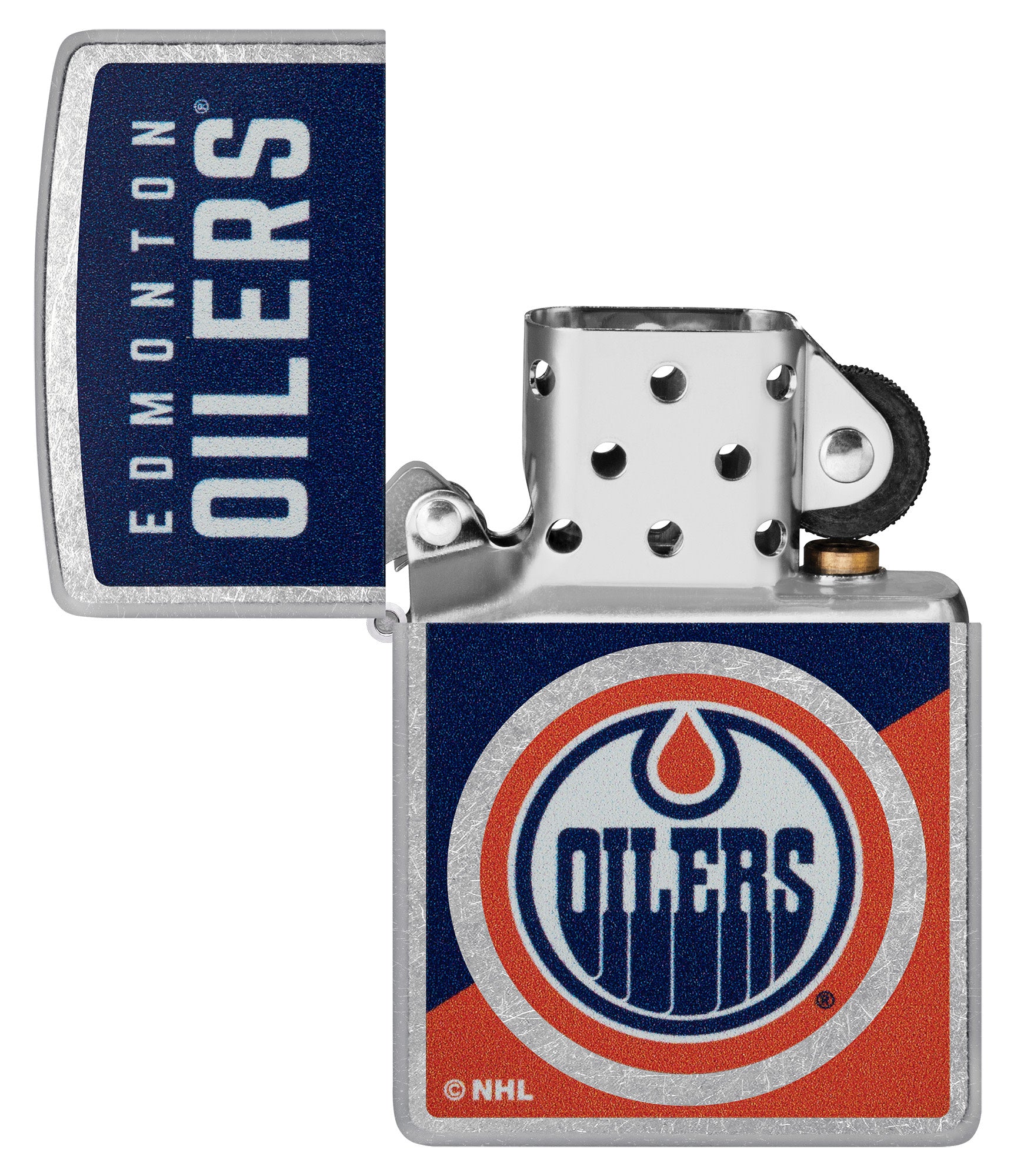 Zippo NHL® Edmonton Oilers® 2024 Street Chrome™ Windproof Lighter lit in hand.