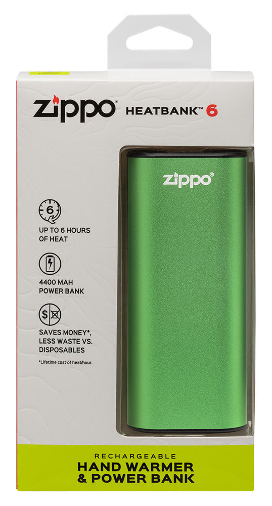 Green HeatBankÂ® 6 Rechargeable Hand Warmer in its window box packaging