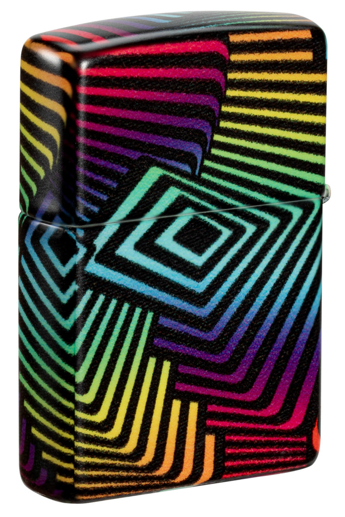 Back shot of Zippo Rainbow Pattern Design 540 Color Windproof Lighter standing at a 3/4 angle.