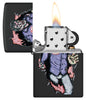 Zippo Zombie Escape Black Matte Windproof Lighter with its lid open and lit.
