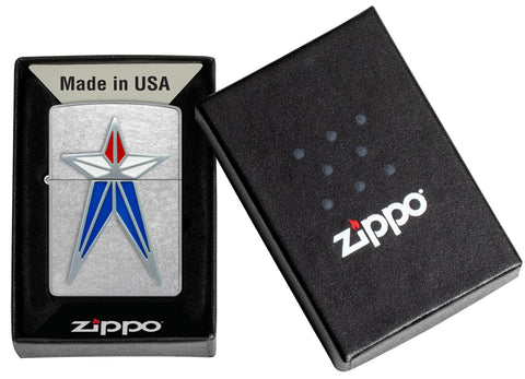 Zippo Red White and Blue Star Street Chrome Windproof Lighter in its packaging.