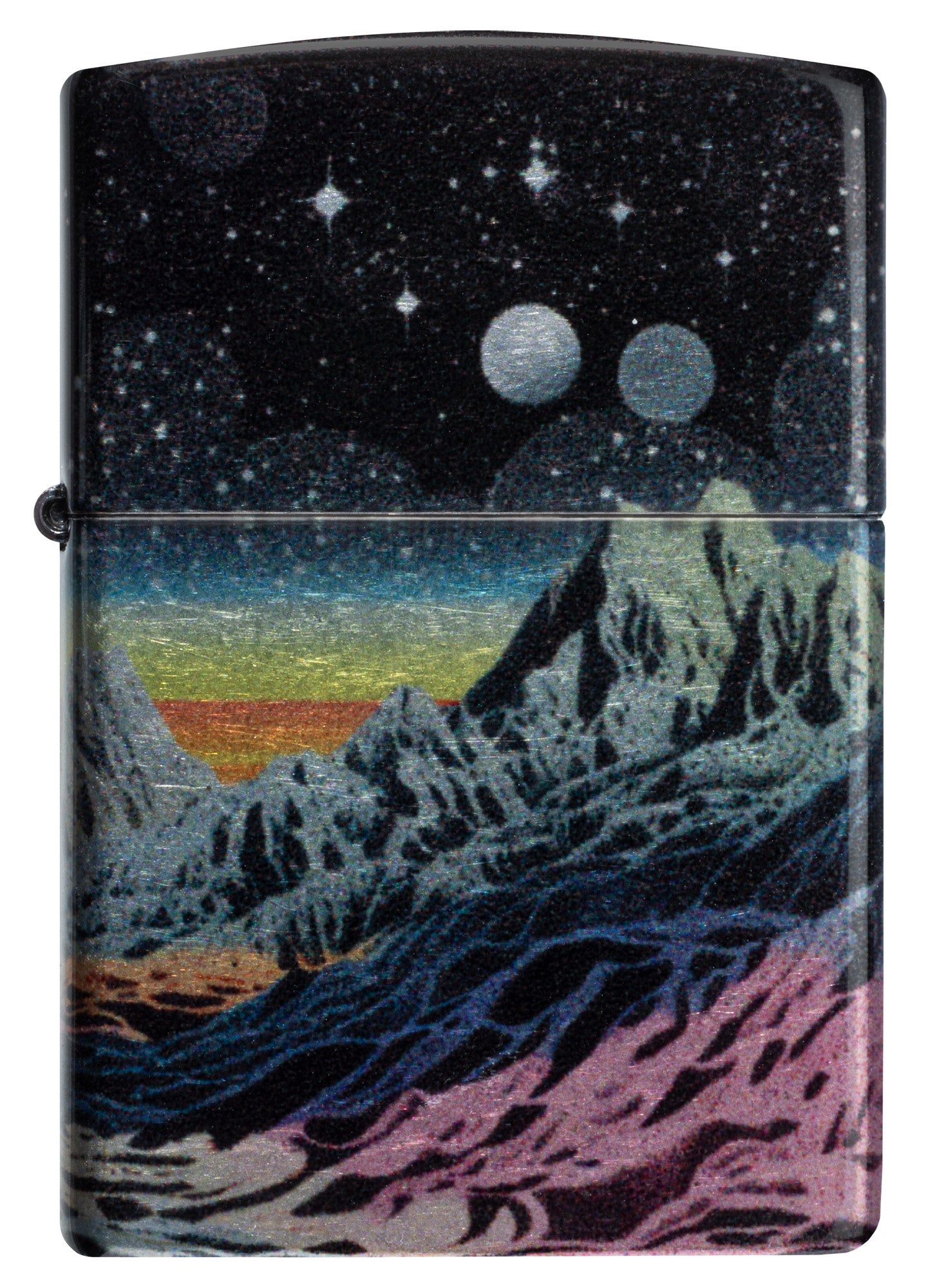 Front view of Zippo Space in Color Design 540 Tumbled Chrome Windproof Lighter.