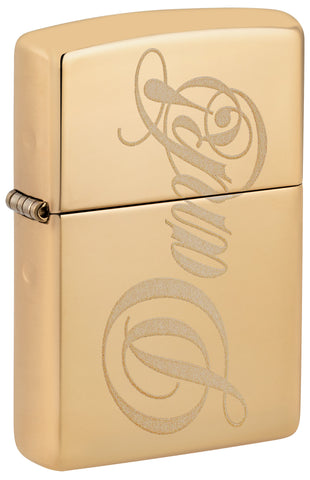 Front shot of Zippo Dank Design High Polish Brass Windproof Lighter standing at a 3/4 angle.