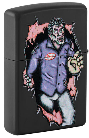 Back shot of Zippo Zombie Escape Black Matte Windproof Lighter standing at a 3/4 angle.