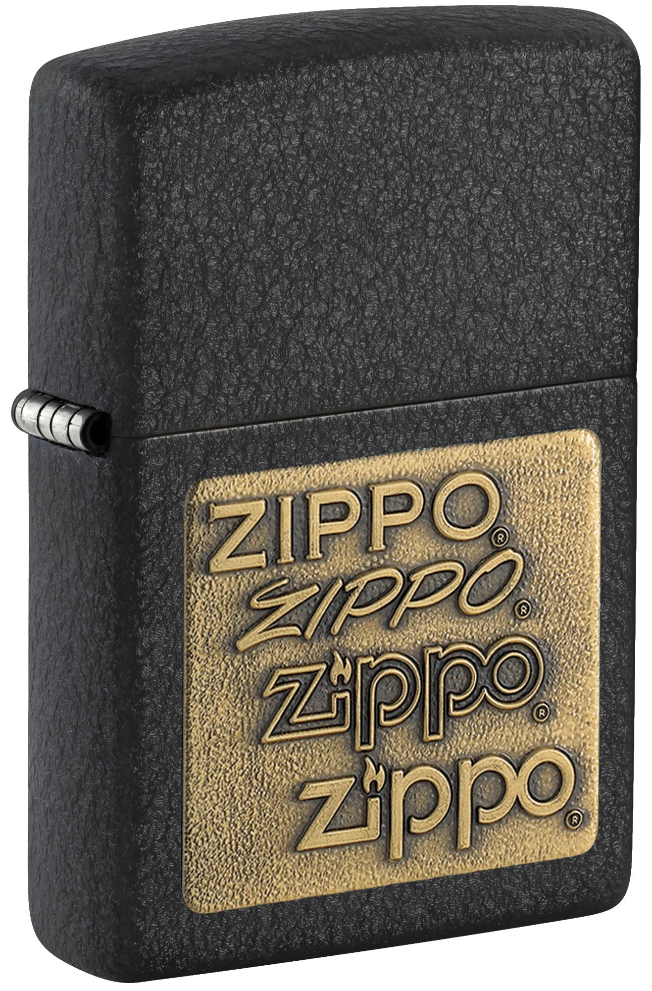 Front view of the Black CrackleÂ® Brass Zippo Logo Emblem Lighter shot at a 3/4 angle 