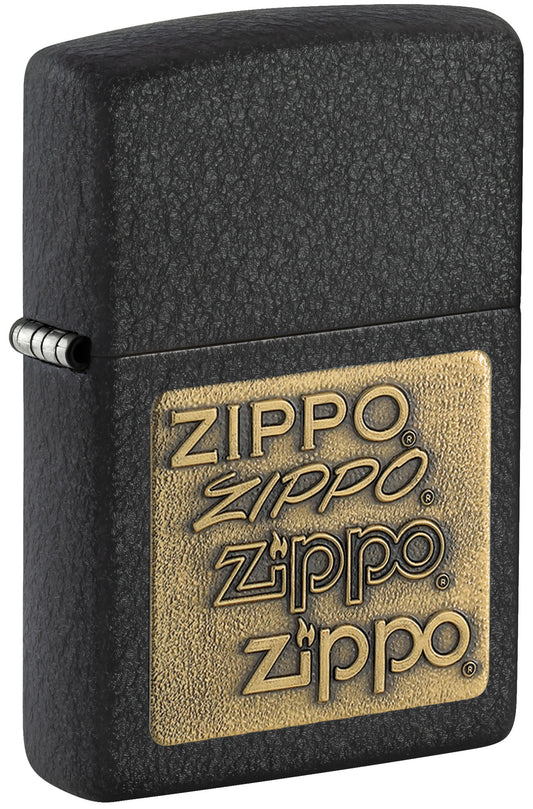 Front view of the Black CrackleÂ® Brass Zippo Logo Emblem Lighter shot at a 3/4 angle 