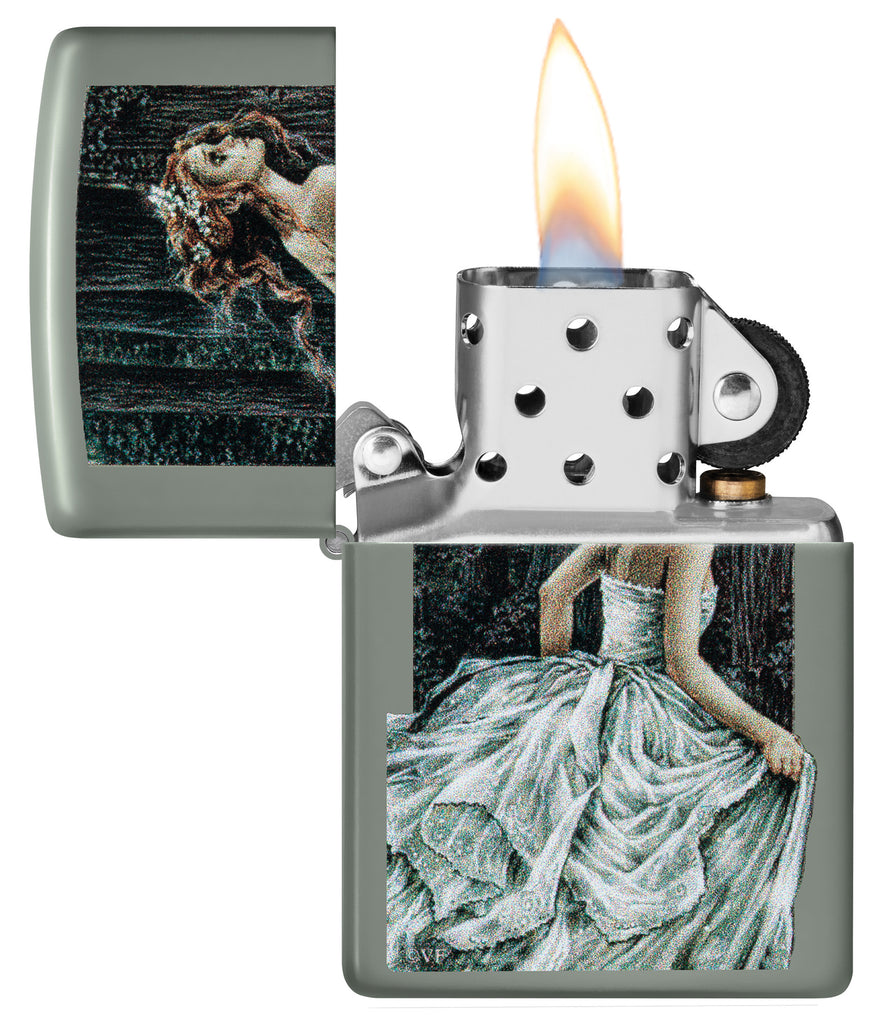 Zippo Victoria Frances Sage Windproof Lighter with its lid open and lit.