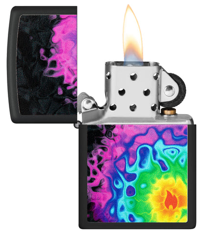 Zippo Pattern Design Black Matte Windproof Lighter with its lid open and lit.