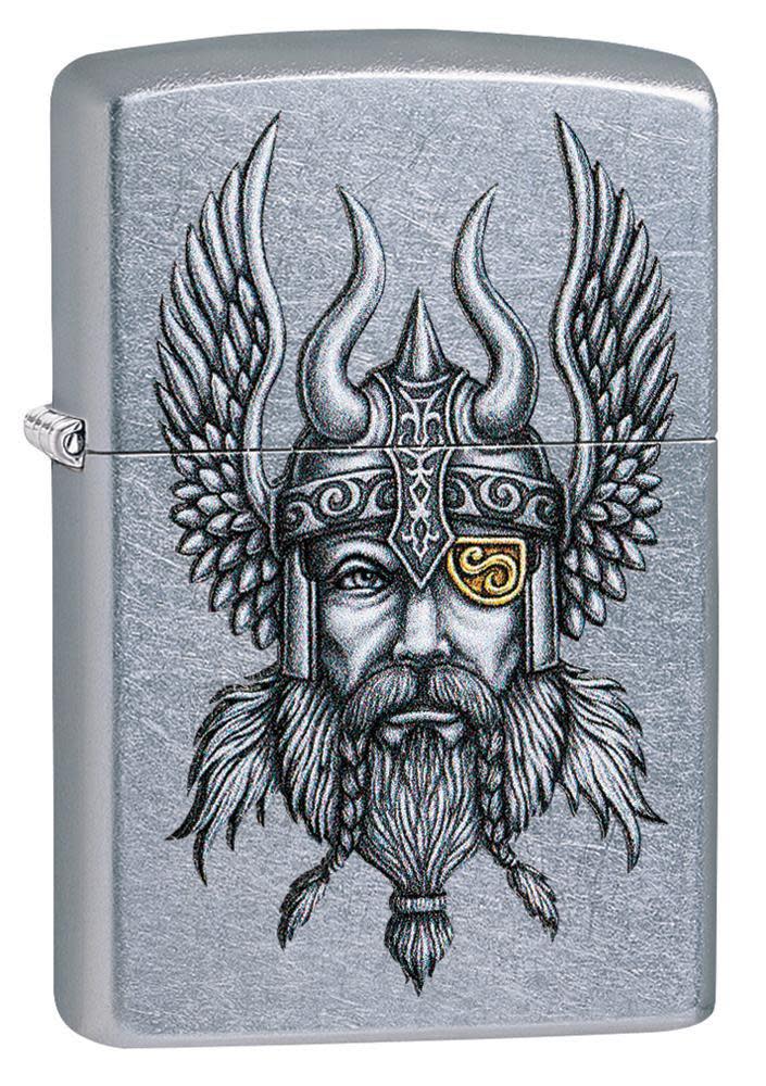 Front view of Viking Warrior Design Street Chrome Windproof Lighter standing at a 3/4 angle