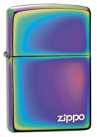 Front shot of Classic Multi Color Zippo Logo Windproof Lighter standing at a 3/4 angle.