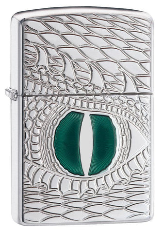 Front view of the Green Dragon Eye, Deep Carve, Epoxy Inlay, High Polish Chrome Lighter shot at a 3/4 angle 