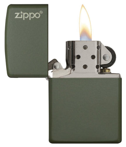 Front view of the Green Matte with Zippo Logo Lighter open and lit 