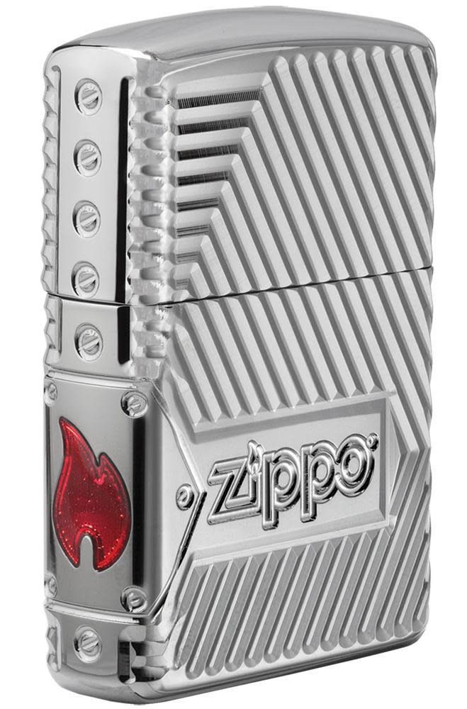 Back shot of Zippo Bolts Design Windproof Lighter standing at a 3/4 angle