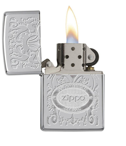 Crown Stamp Windproof Lighter with its lid open and lit