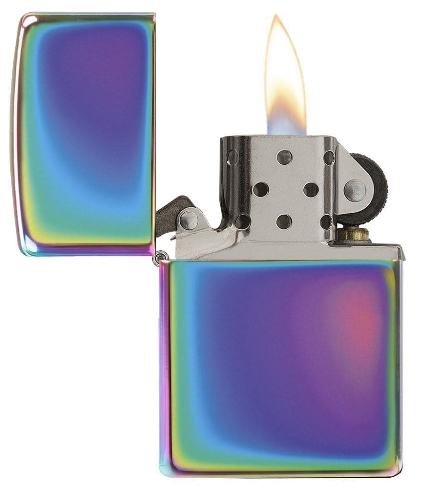 Classic Multi Color Windproof Lighter with its lid open and lit