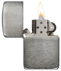 Front view of the Black Ice, 1941 Replica Case Lighter open and lit