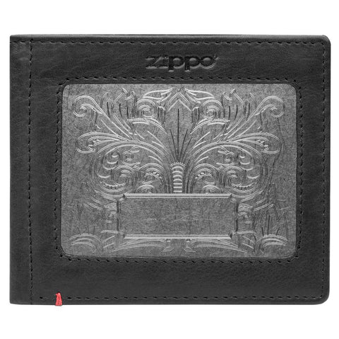 Front of black Leather Wallet With Fandango Metal Plate Design - ID Window